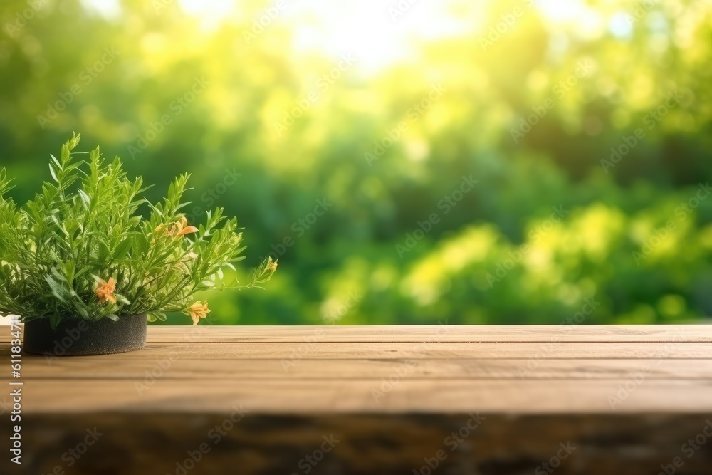 Brown natural wood floor with blurred green background, Morning light theme, eco friendly concept, A