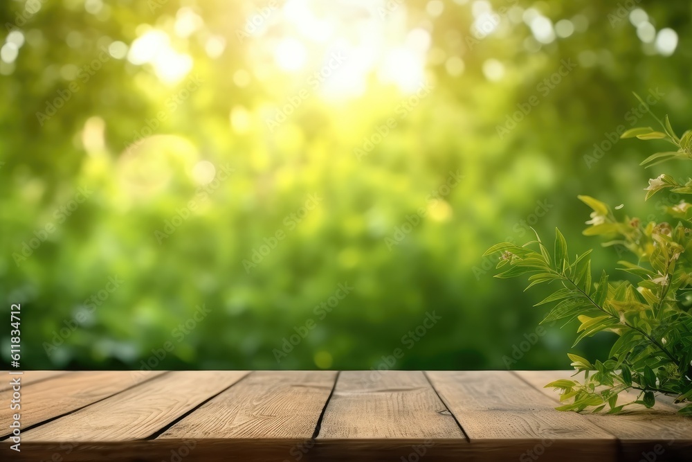 Wood Table Green Wall Background Sunlight, eco friendly interior concept, AI generated.