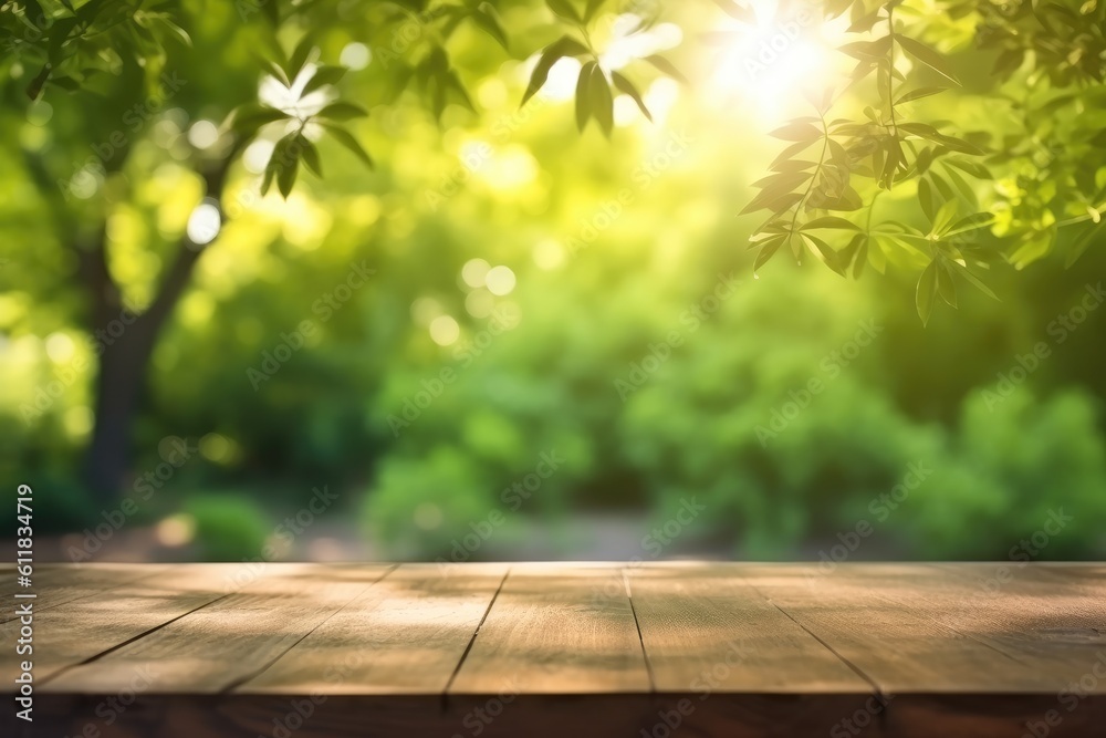 Wood floor with green plant foreground, Wooden floor with green leaves in park bokeh background, AI 