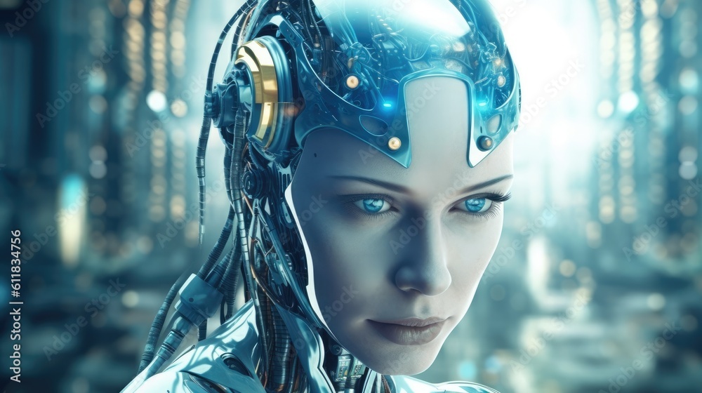 Artificial intelligence humanoid cyber girl with neural, Technologies of the future, transhumanism, 