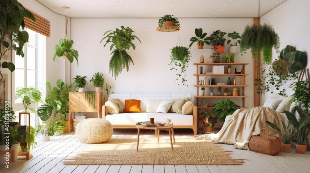 Spacious living room interior with plants, Interior living room, AI generated.