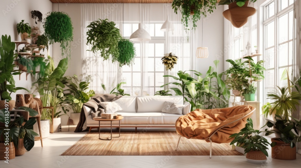 Living room interior with sofas and green plants, Home decor and couches with green environmental th