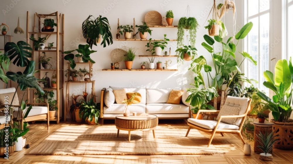 Living room interior with sofas and green plants, Home decor and couches with green environmental th