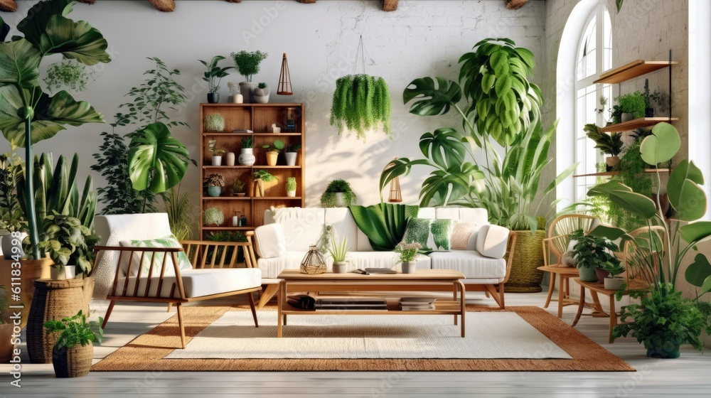 Spacious living room interior with plants, Interior living room, AI generated.