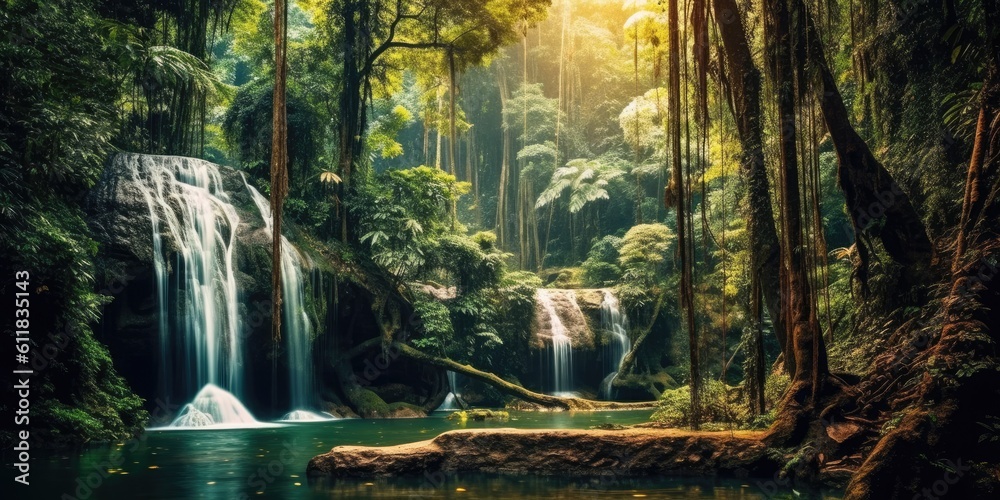 Beautiful fresh green nature scenic landscape waterfall in deep tropical jungle rainforest, Tourism 