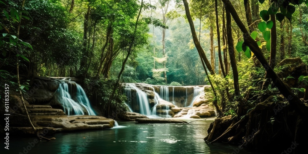 Beautiful fresh green nature scenic landscape waterfall in deep tropical jungle rainforest, Tourism 