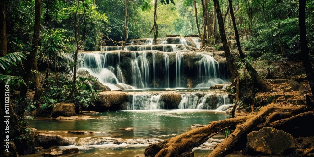 Streams and waterfalls in the forest,Beautiful deep forest waterfall, AI generated.