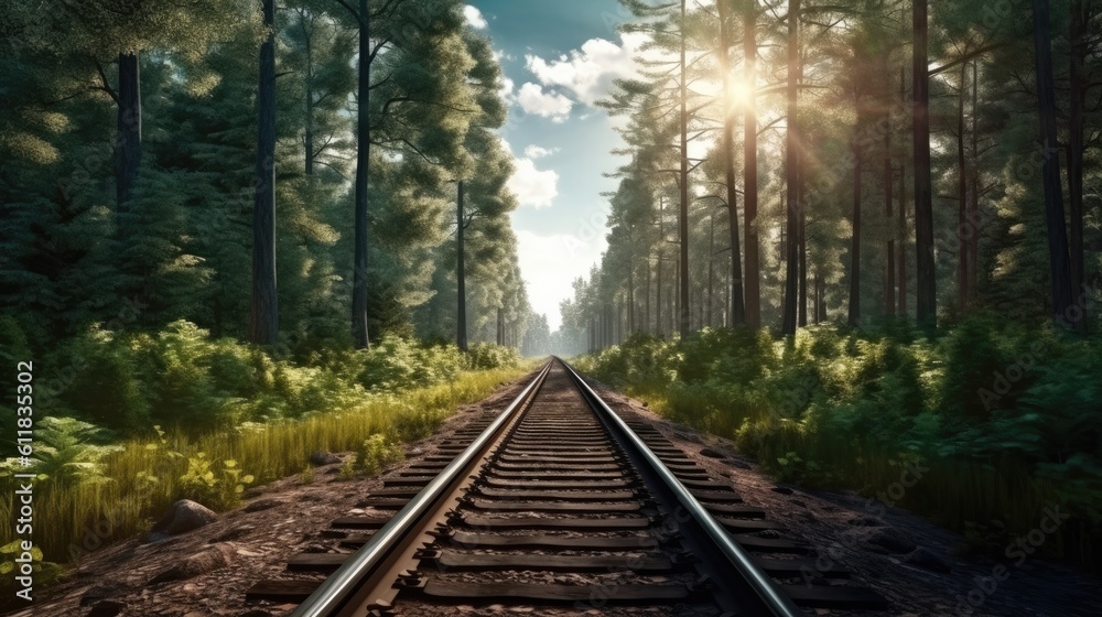 Forest trees along a railroad on an summer afternoon, Train tracks travel concept, Train Travel Land