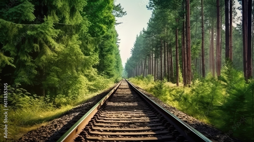 Journey Through the Rails, Exploring the Majestic Landscape Along the Railroad, Train with Forest tr