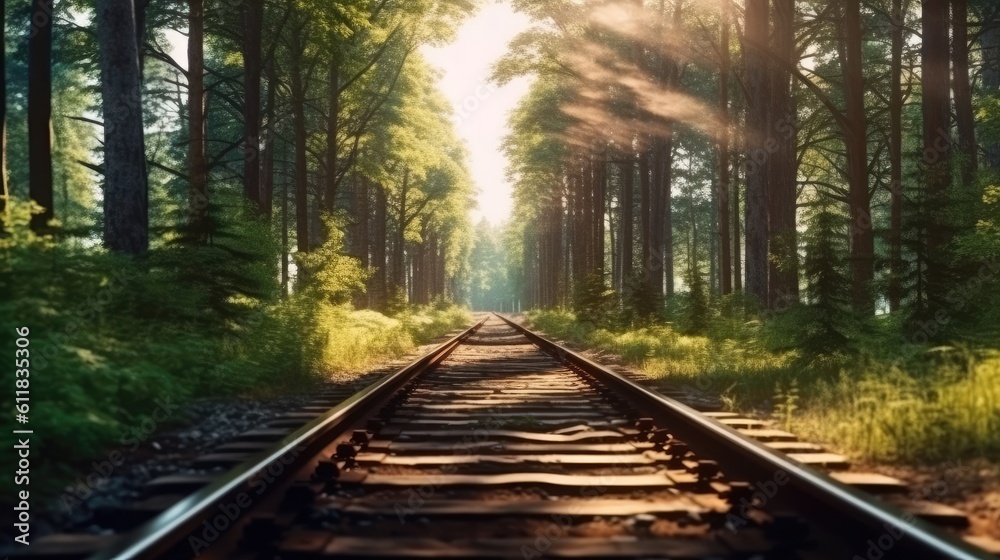 Forest trees along a railroad on an summer afternoon, Train tracks travel concept, Train Travel Land