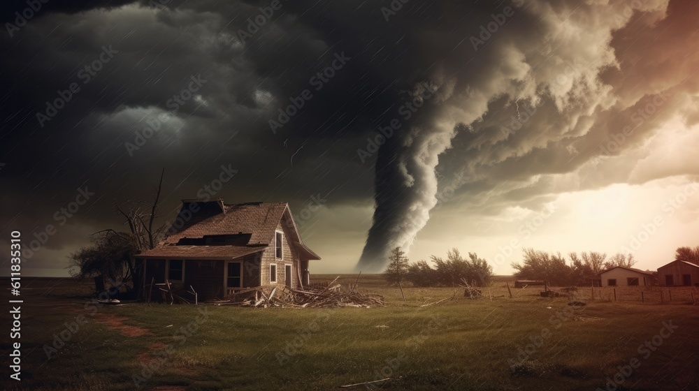 Tornadoes are raging hard, Tornado touches down in a farm field, AI generated.