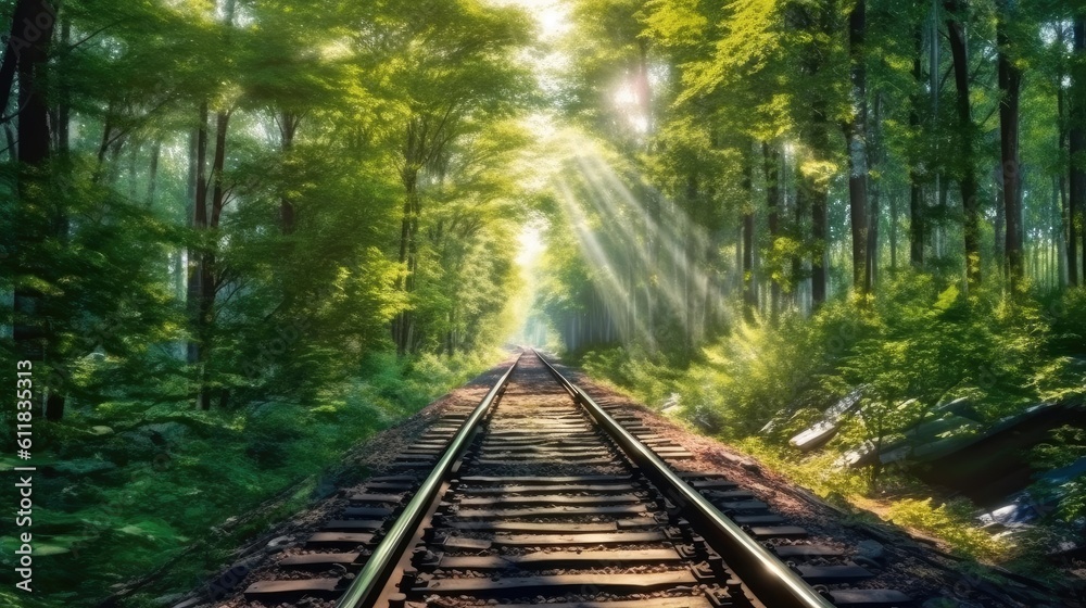 Train with Forest trees along a railroad, Train travels, Trees along the railway, AI generated.