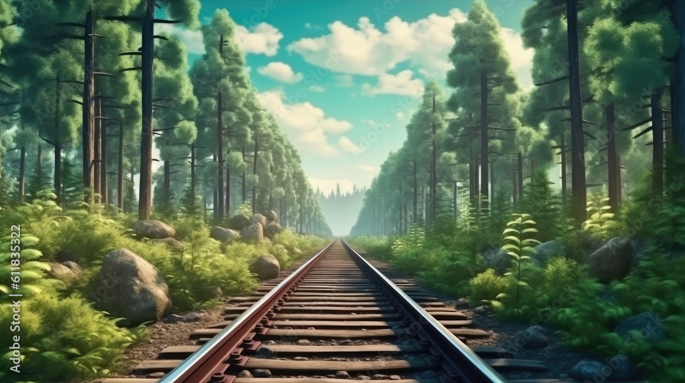 Train with Forest trees along a railroad, Train travels, Trees along the railway, AI generated.