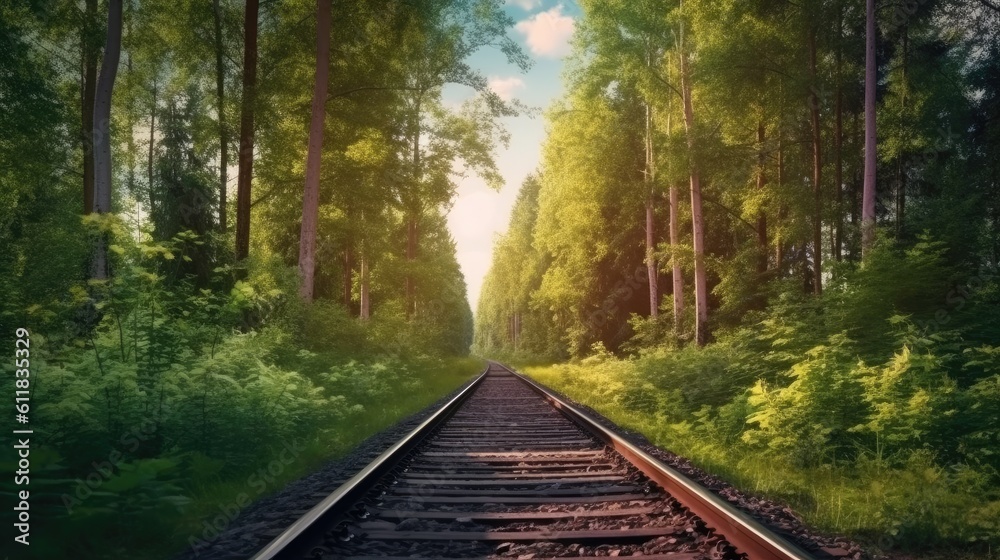 Train with Forest trees along a railroad, Train travels, Trees along the railway, AI generated.