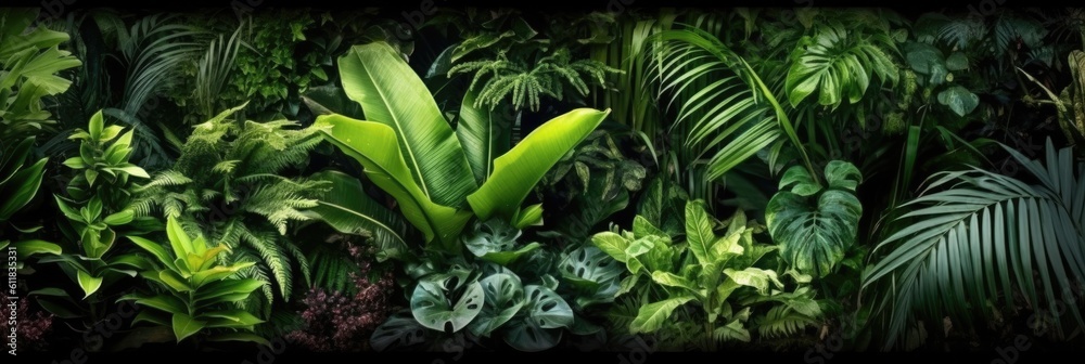 Nature wall, Tropical rainforest foliage plants bushes, ferns, palm, Philodendrons and tropical plan