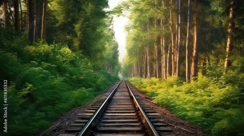 Journey Through the Rails, Exploring the Majestic Landscape Along the Railroad, Train with Forest tr