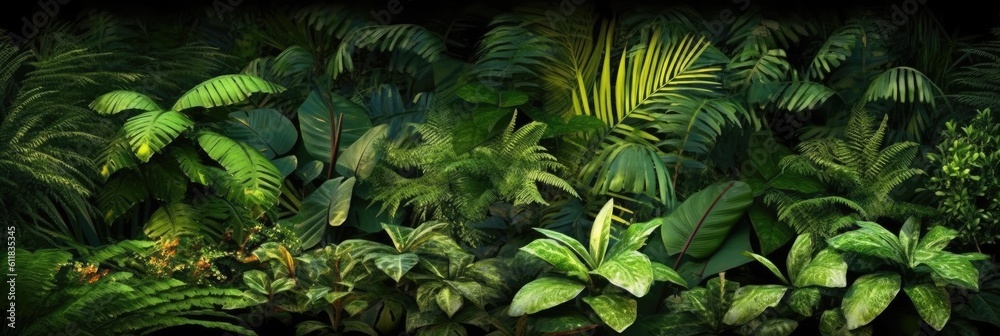 Nature wall, Tropical rainforest foliage plants bushes, ferns, palm, Philodendrons and tropical plan