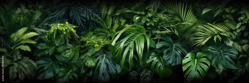 Natural green wallpaper and background, Monstera, fern and palm leaves tropical foliage plant bush n