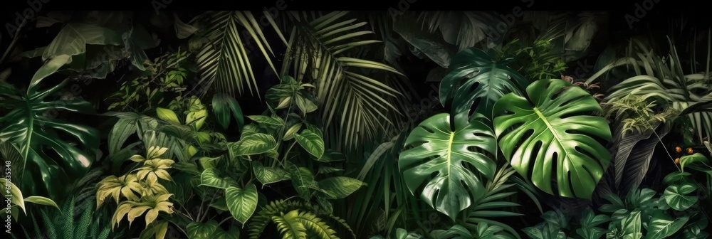 Closeup nature view of green leaf and palms background, Dark nature concept, Tropical leaf, AI gener