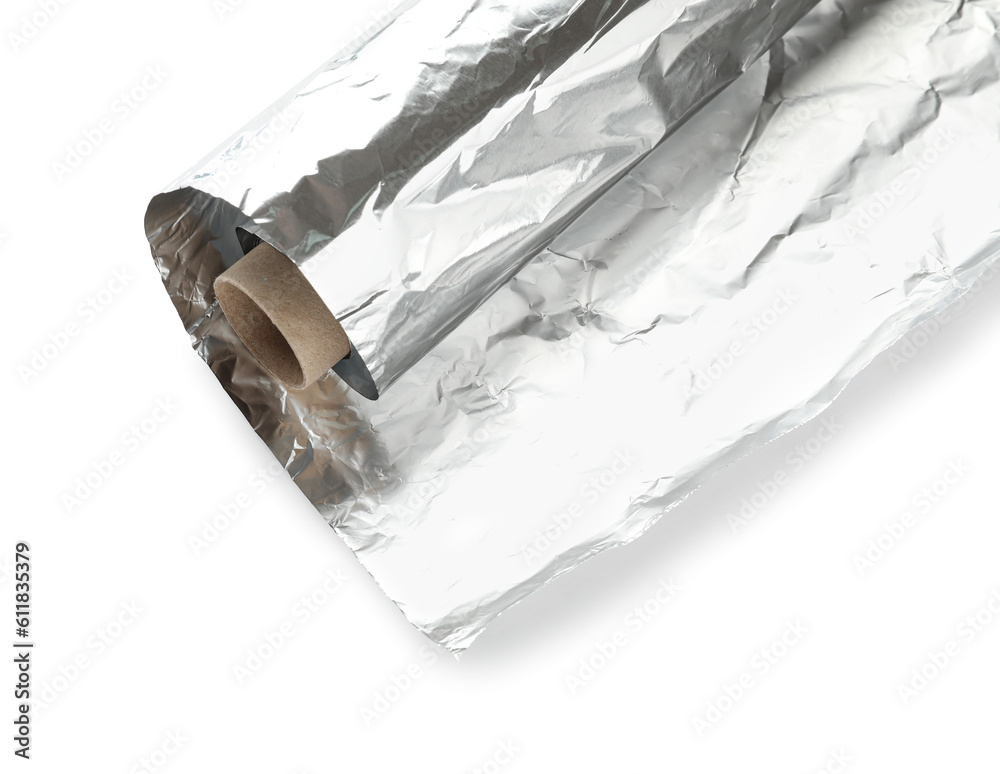 Aluminium foil roll isolated on white background, closeup