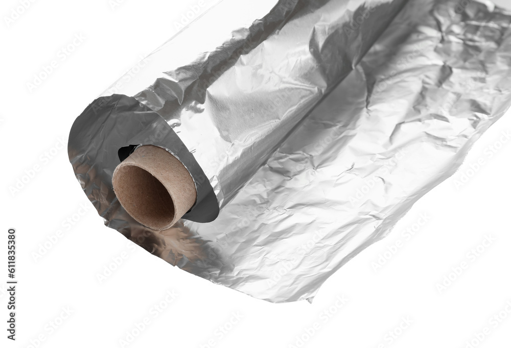 Aluminium foil roll isolated on white background, closeup