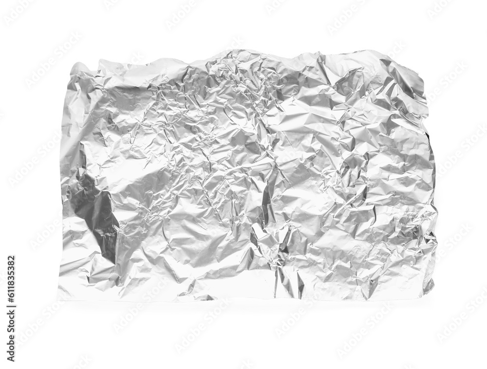 Crumpled sheet of aluminium foil on white background