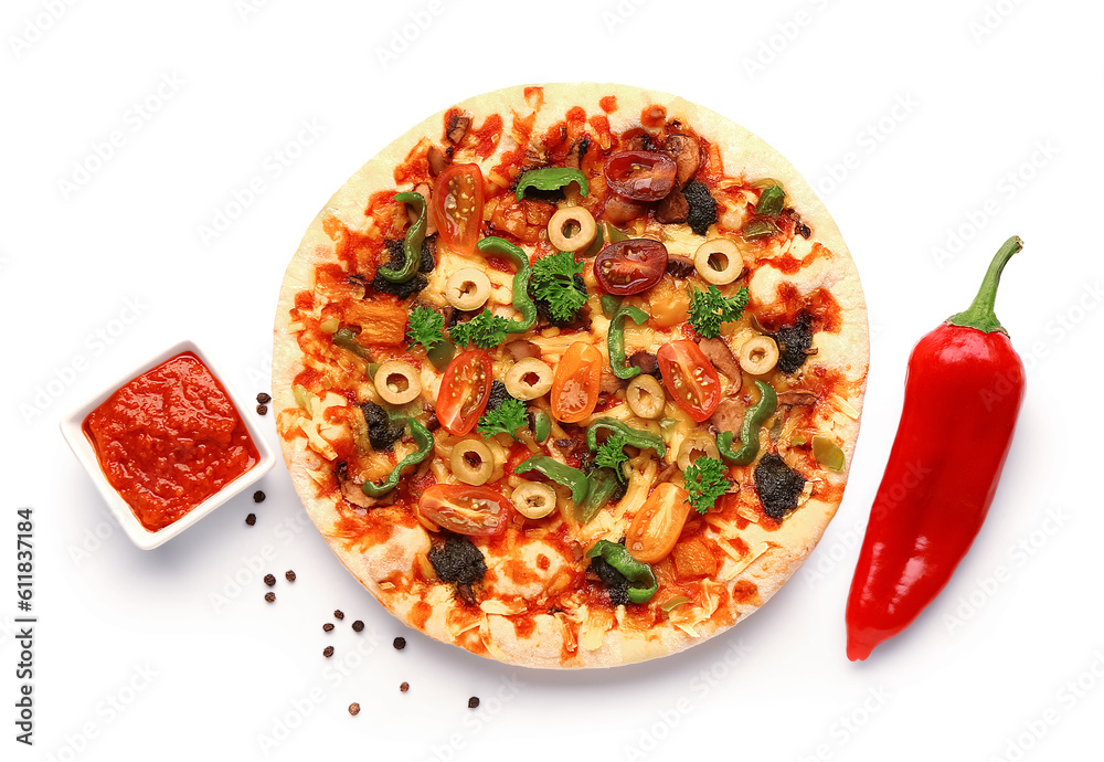 Vegetable pizza with sauce on white background