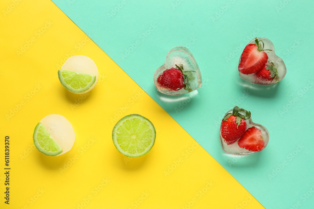 Fresh lime and strawberry frozen in ice on color background