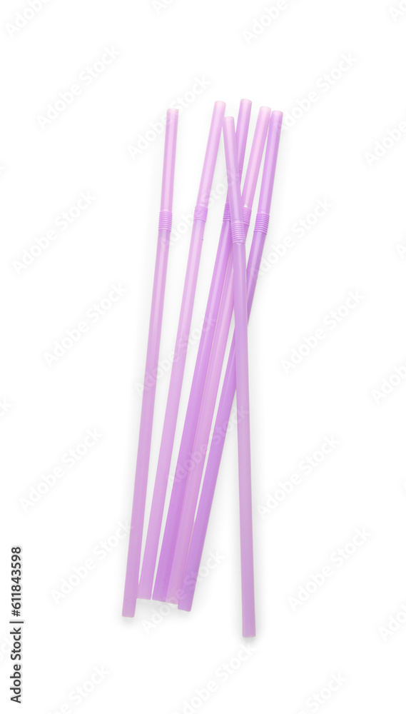 Purple plastic straws on white background