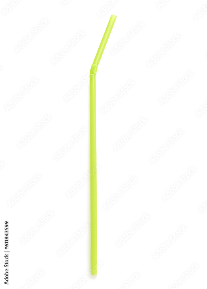 Green plastic straw on white background