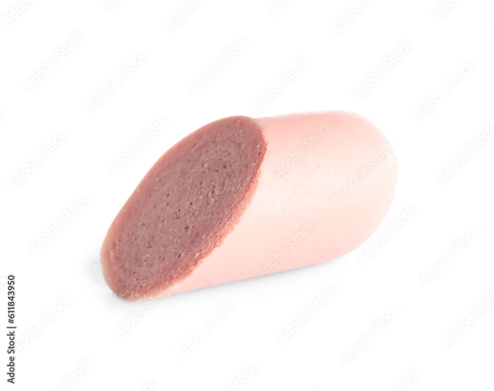 Slice of tasty thin sausage on white background