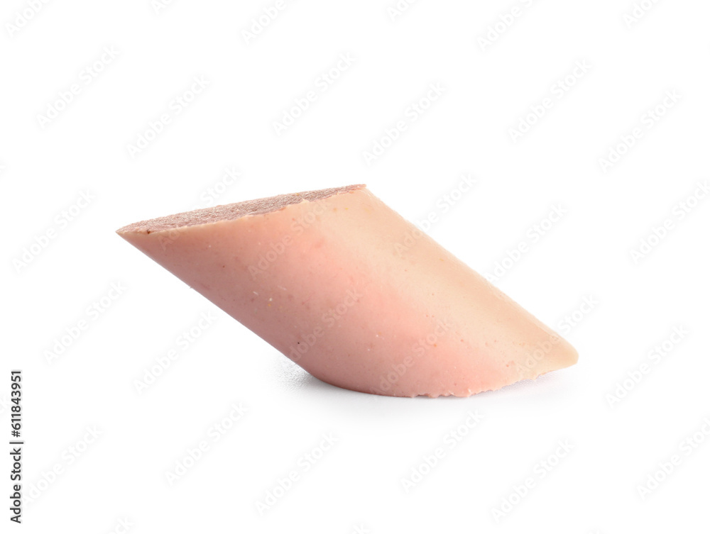 Slice of tasty thin sausage on white background