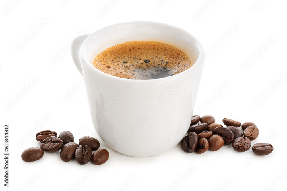 Cup of delicious espresso and coffee beans on white background