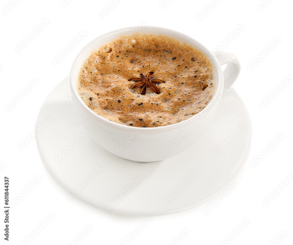 Cup of delicious espresso, star anise and saucer on white background