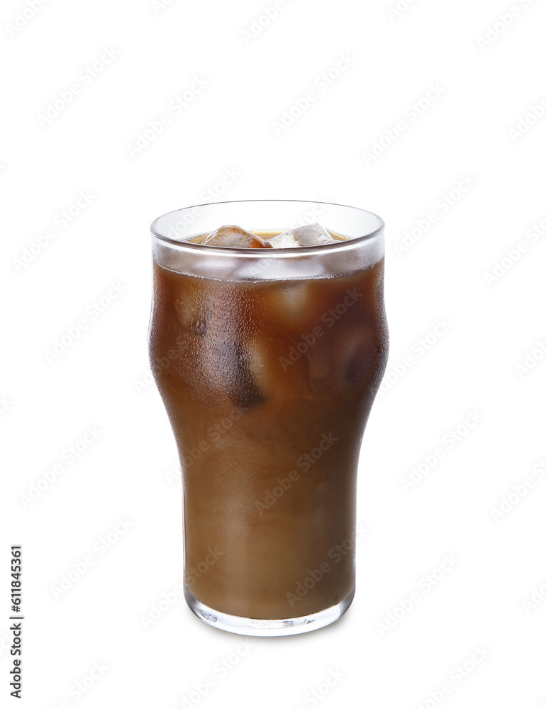 Glass of ice coffee on white background