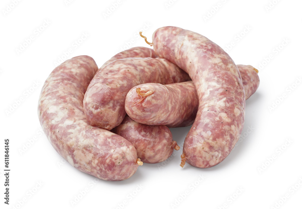 Raw fresh sausages on white background