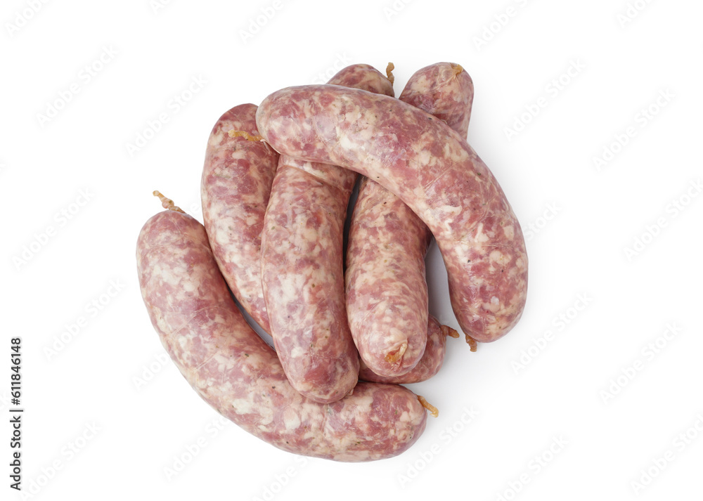 Raw fresh sausages on white background