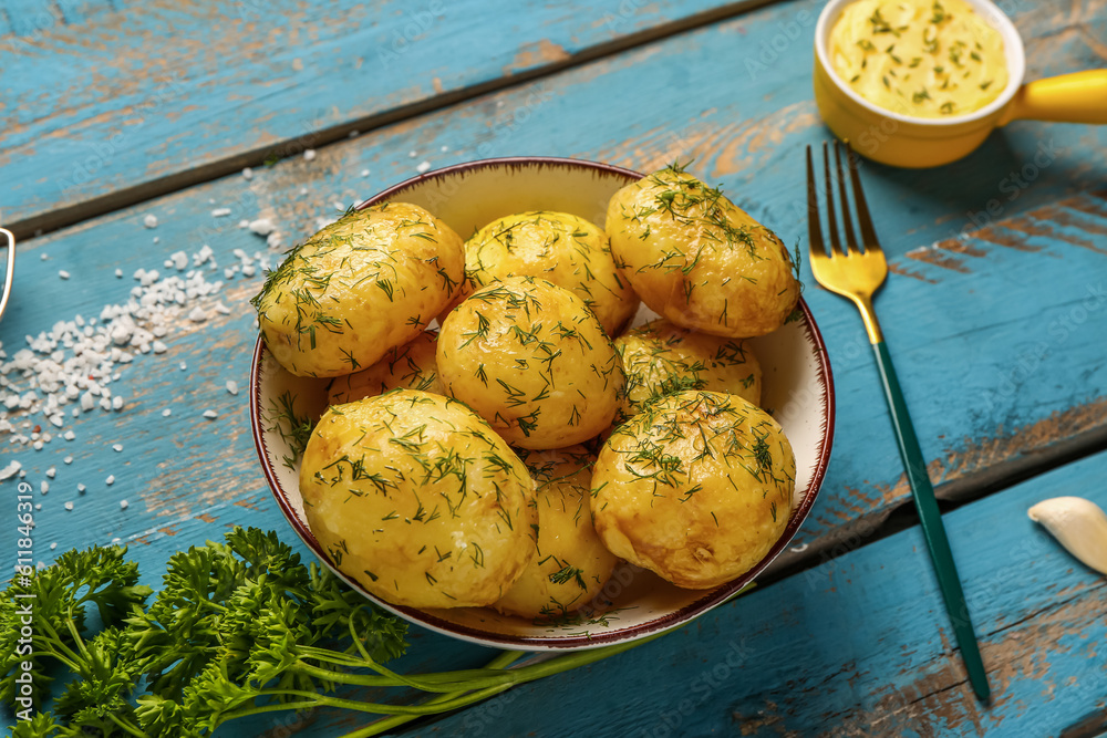 Plate of boiled baby potatoes with dill and parsley on blue wooden background