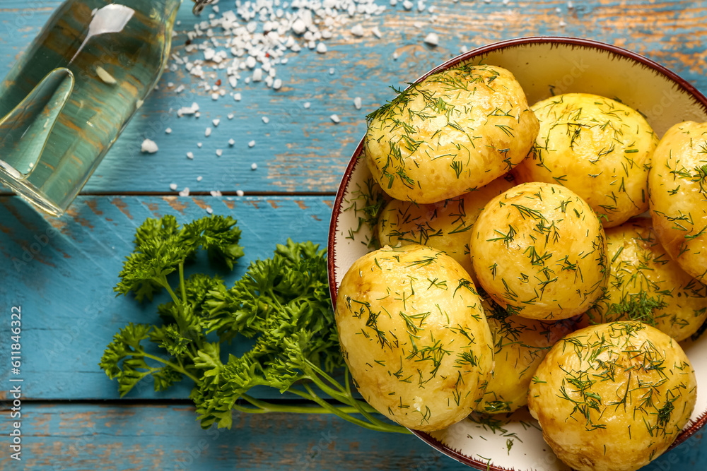 Plate of boiled baby potatoes with dill and parsley on blue wooden background