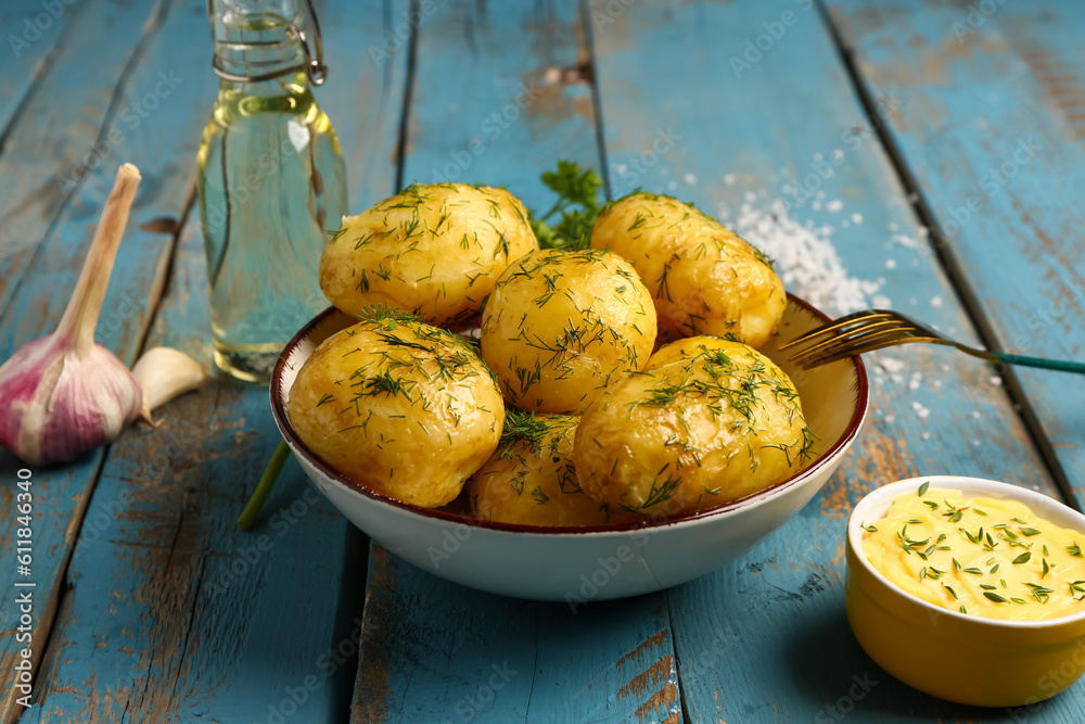 Plate of boiled baby potatoes with dill on blue wooden background