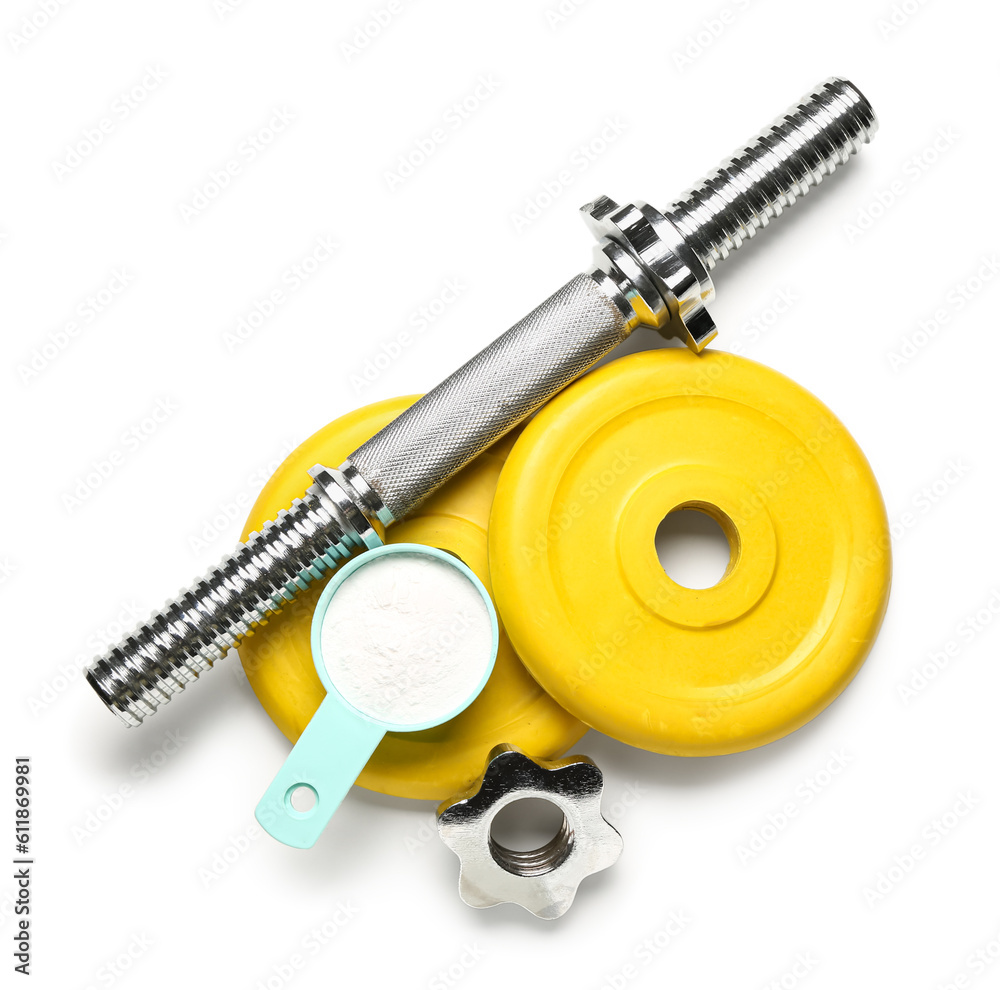 Scoop with amino acid supplement and sports equipment on white background