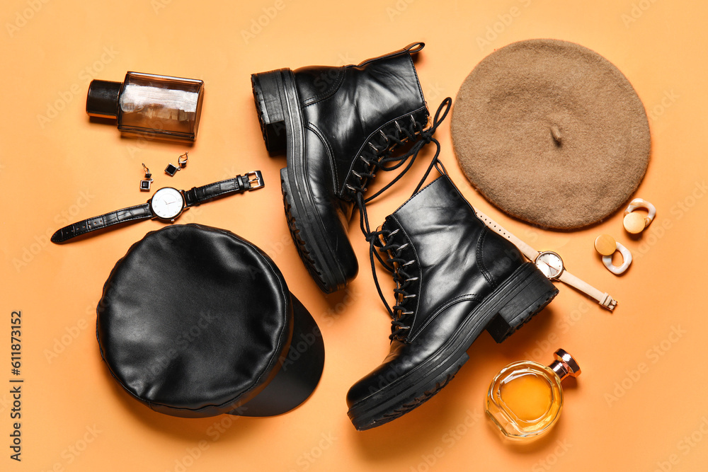 Composition with stylish female shoes, accessories and perfumes on color background