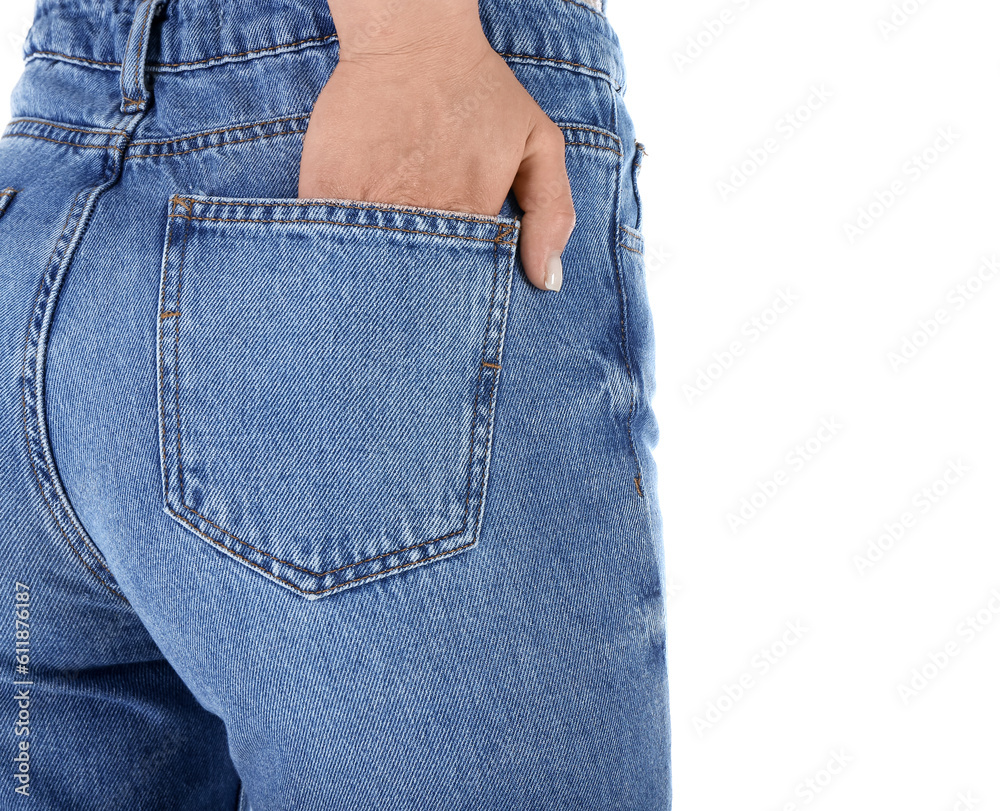 Young woman in denim jumpsuit on white background, back view