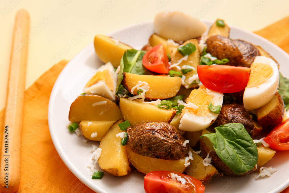 Plate of tasty potato salad with eggs and tomatoes on beige background, closeup