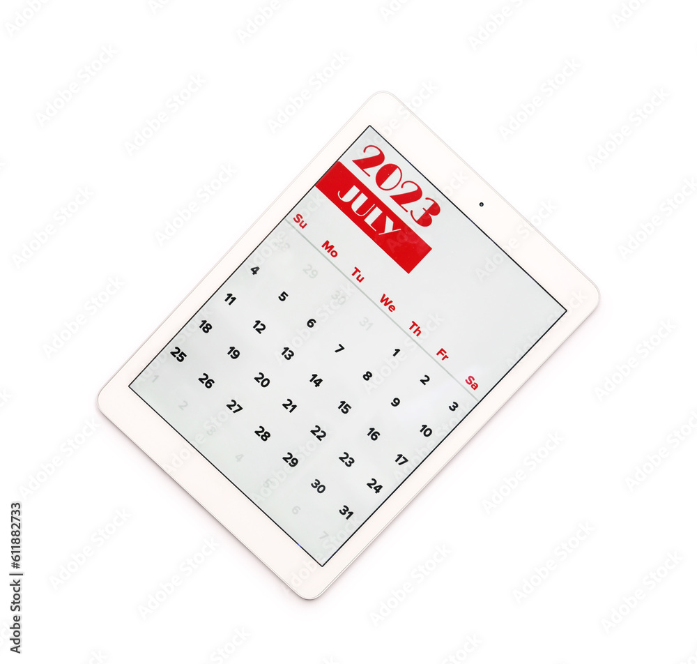 Modern tablet computer with calendar on white background