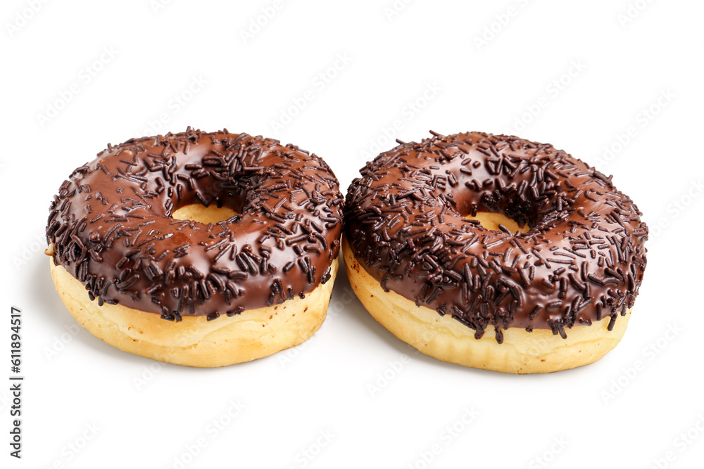 Sweet chocolate donuts on white background