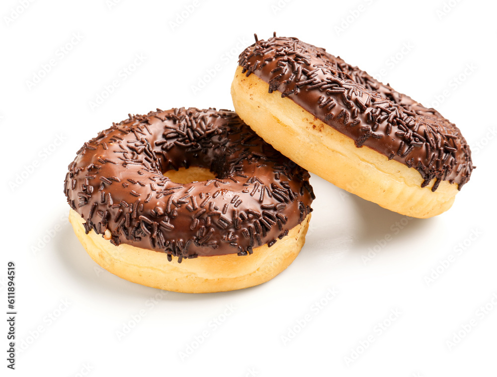 Sweet chocolate donuts on white background