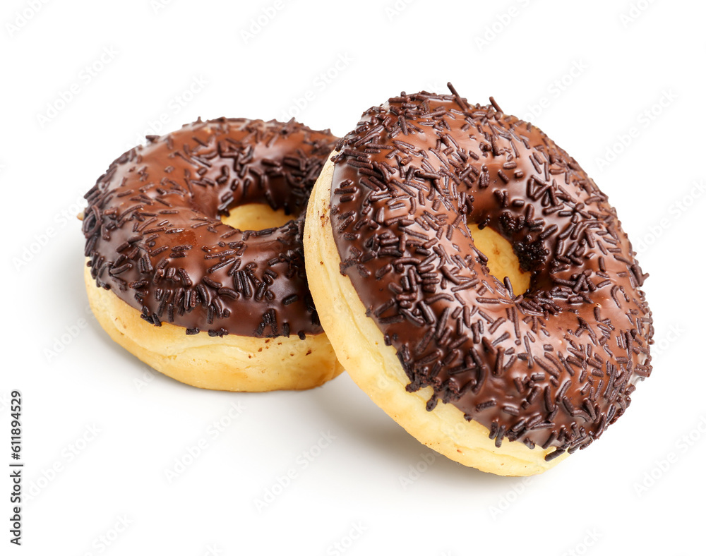 Sweet chocolate donuts on white background