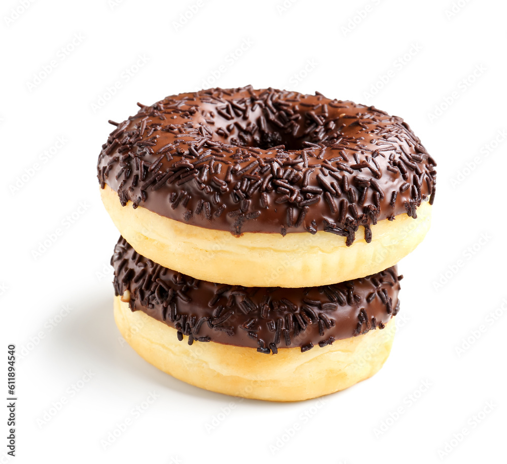 Sweet chocolate donuts on white background