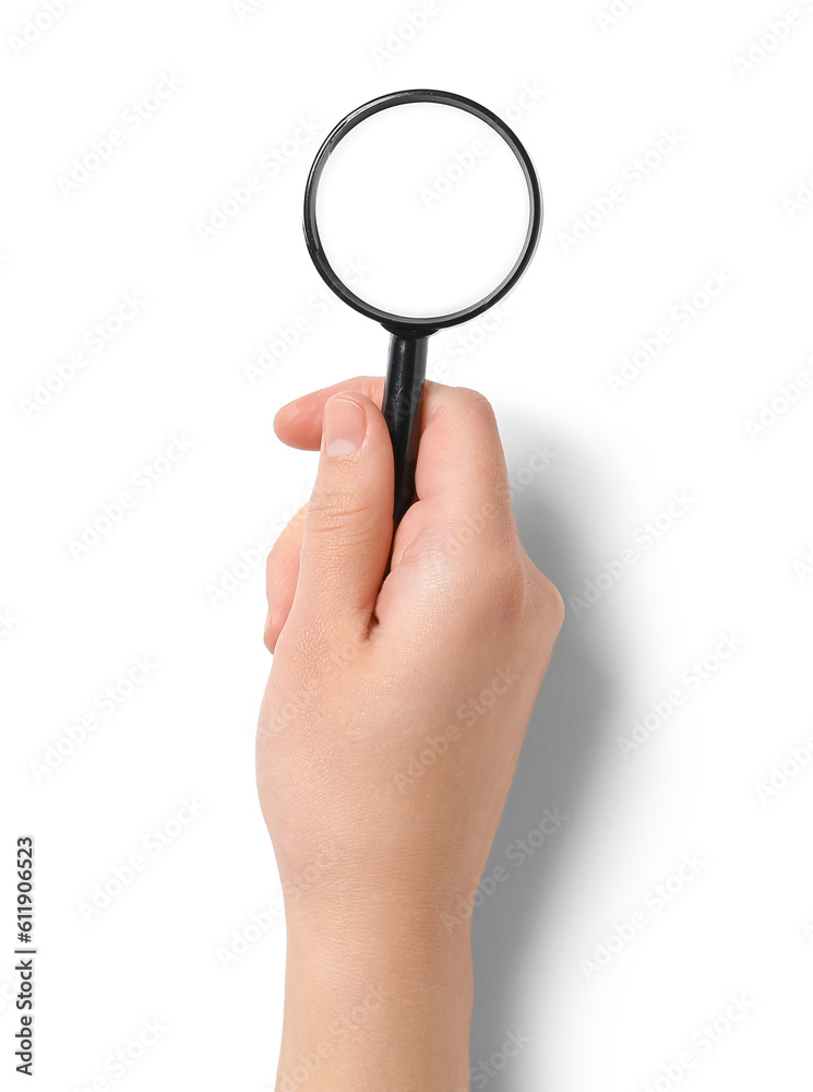 Female hand with mini magnifier isolated on white background